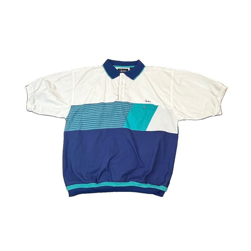 Vintage John Weitz White Blue Golf Polo Men’s Medium Pullover Retro 90’s